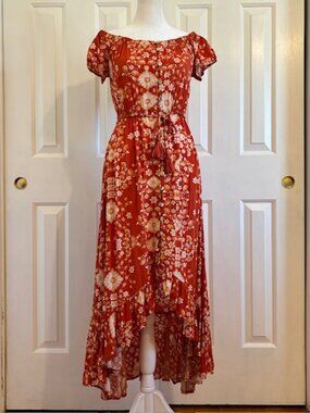 Abel the Label Rustica Burnt Rust Floral High-Low Off-the Shoulder Maxi Dress XS